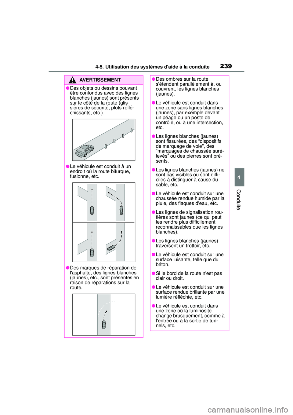 TOYOTA COROLLA 2021 Manuel du propriétaire (in French) 2394-5. Utilisation des systèmes daide à la conduite
COROLLA_D
4
Conduite
AVERTISSEMENT
●Des objets ou dessins pouvant
être confondus avec des lignes
blanches (jaunes) sont présents
sur le c TOYOTA COROLLA 2021 Manuel du propriétaire (in French) 2394-5. Utilisation des systèmes daide à la conduite
COROLLA_D
4
Conduite
AVERTISSEMENT
●Des objets ou dessins pouvant
être confondus avec des lignes
blanches (jaunes) sont présents
sur le c