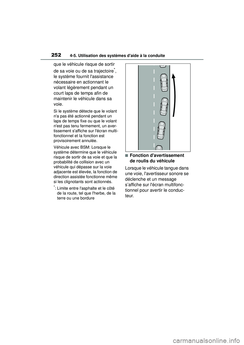 TOYOTA COROLLA 2021  Manuel du propriétaire (in French) 2524-5. Utilisation des systèmes daide à la conduite
COROLLA_D
que le véhicule risque de sortir 
de sa voie ou de sa trajectoire
*, 
le système fournit lassistance 
nécessaire en actionnant le 