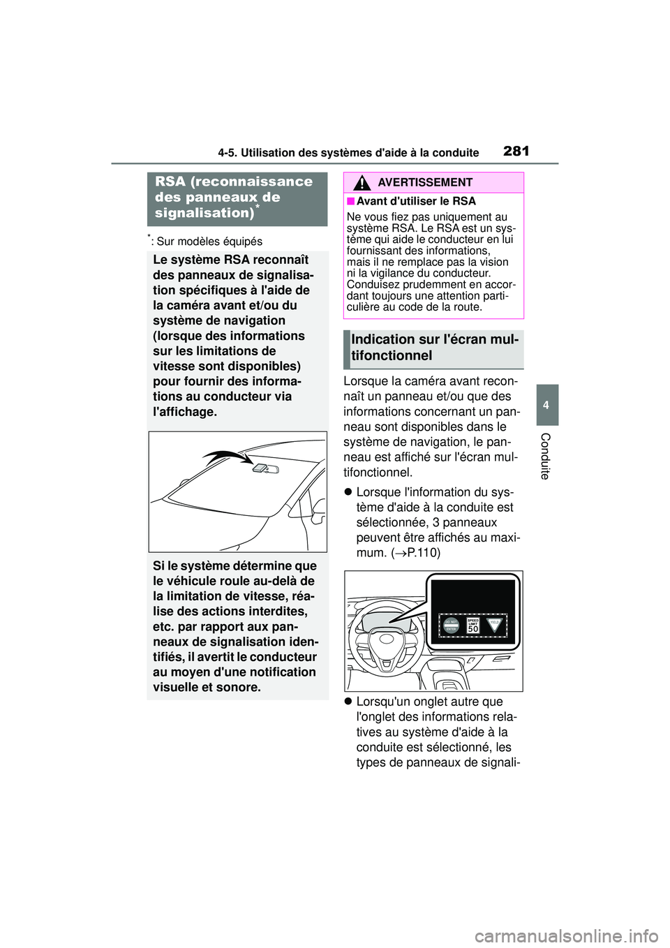 TOYOTA COROLLA 2021 Manuel du propriétaire (in French) 2814-5. Utilisation des systèmes daide à la conduite
COROLLA_D
4
Conduite
*: Sur modèles équipés
Lorsque la caméra avant recon-
naît un panneau et/ou que des
informations concernant un pan-
n TOYOTA COROLLA 2021 Manuel du propriétaire (in French) 2814-5. Utilisation des systèmes daide à la conduite
COROLLA_D
4
Conduite
*: Sur modèles équipés
Lorsque la caméra avant recon-
naît un panneau et/ou que des
informations concernant un pan-
n