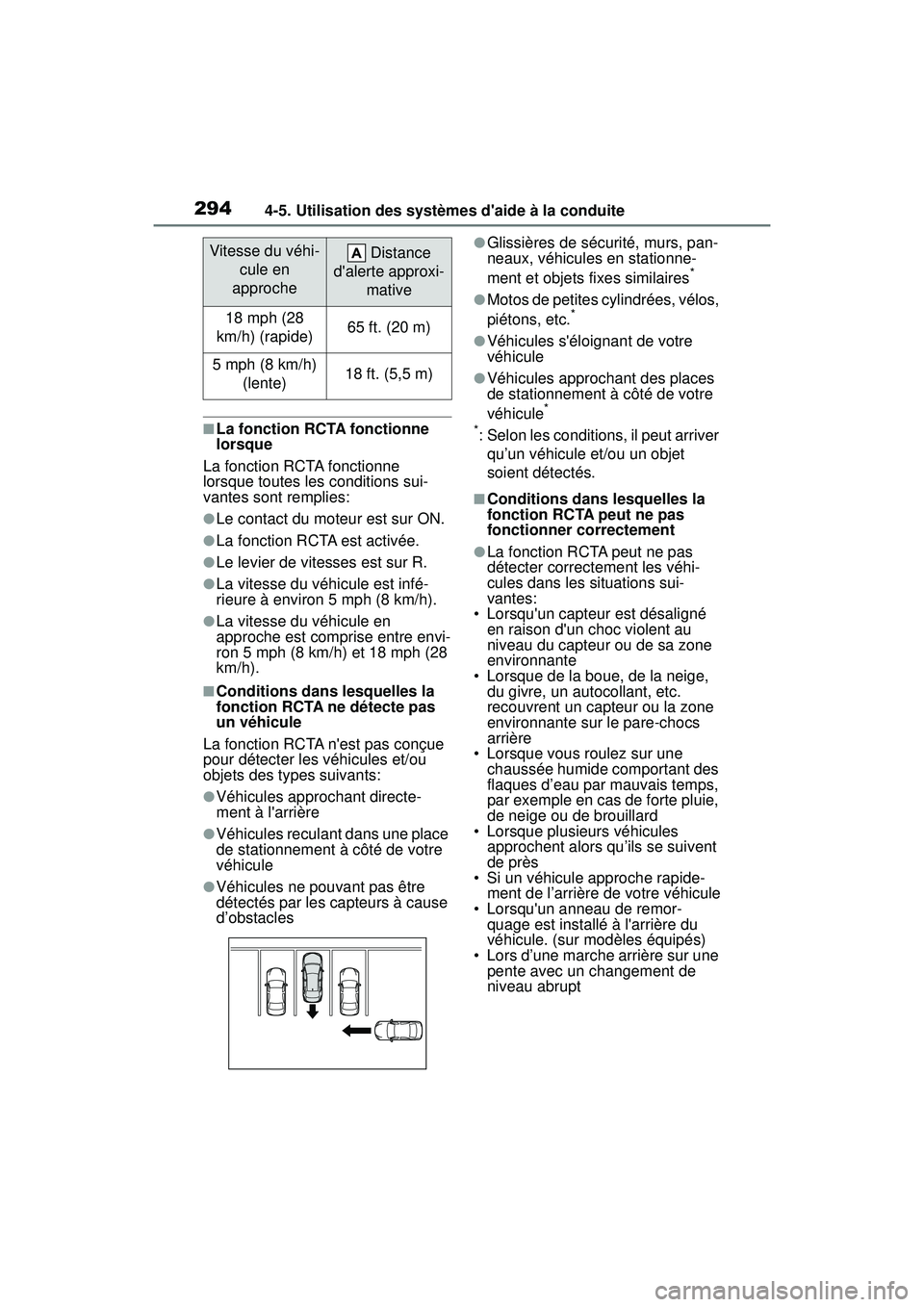 TOYOTA COROLLA 2021 Manuel du propriétaire (in French) 2944-5. Utilisation des systèmes daide à la conduite
COROLLA_D
■La fonction RCTA fonctionne
lorsque
La fonction RCTA fonctionne
lorsque toutes les conditions sui-
vantes sont remplies:
●Le co TOYOTA COROLLA 2021 Manuel du propriétaire (in French) 2944-5. Utilisation des systèmes daide à la conduite
COROLLA_D
■La fonction RCTA fonctionne
lorsque
La fonction RCTA fonctionne
lorsque toutes les conditions sui-
vantes sont remplies:
●Le co