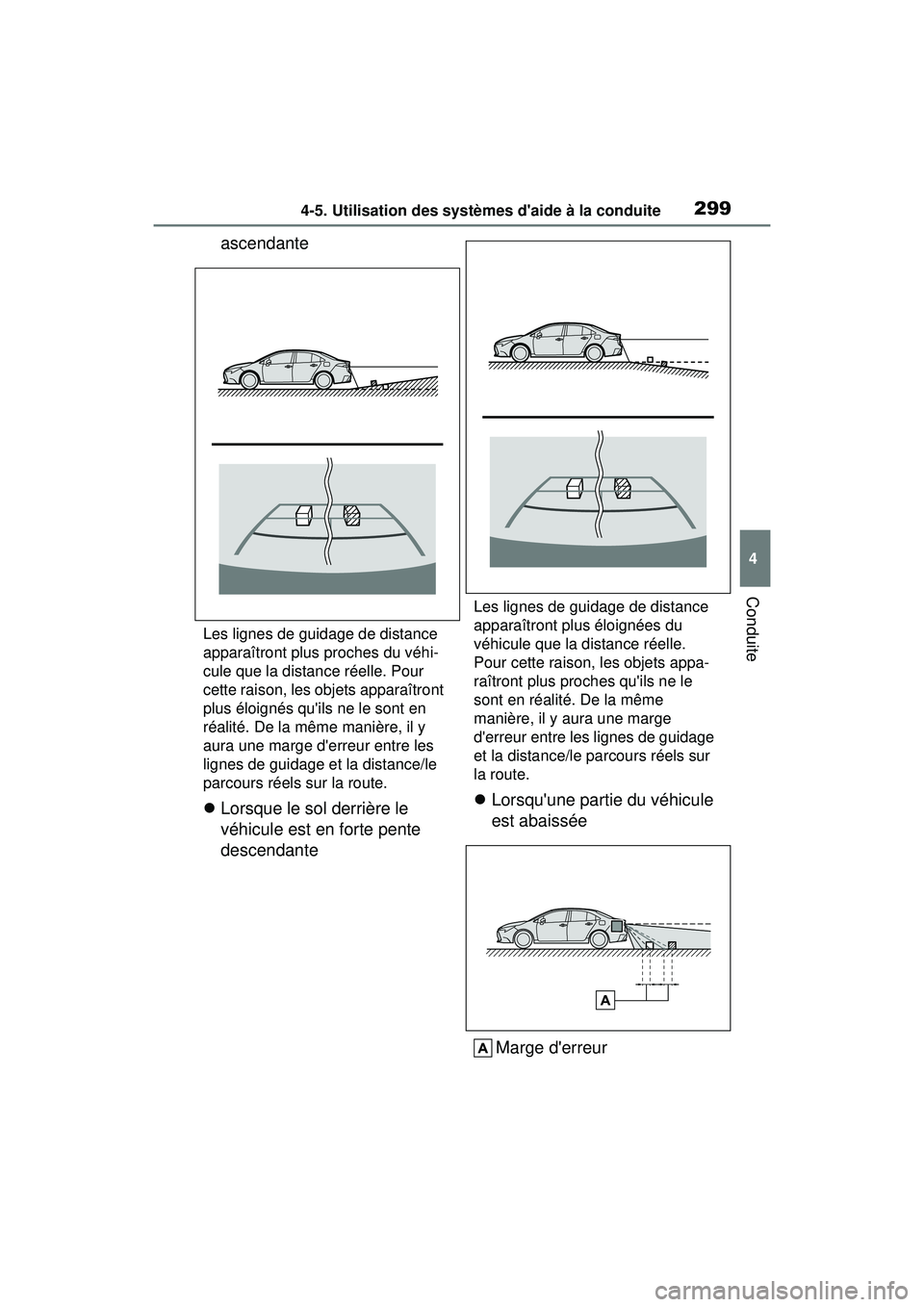 TOYOTA COROLLA 2021  Manuel du propriétaire (in French) 2994-5. Utilisation des systèmes daide à la conduite
COROLLA_D
4
Conduite
ascendante
Les lignes de guidage de distance 
apparaîtront plus proches du véhi-
cule que la distance réelle. Pour 
cett