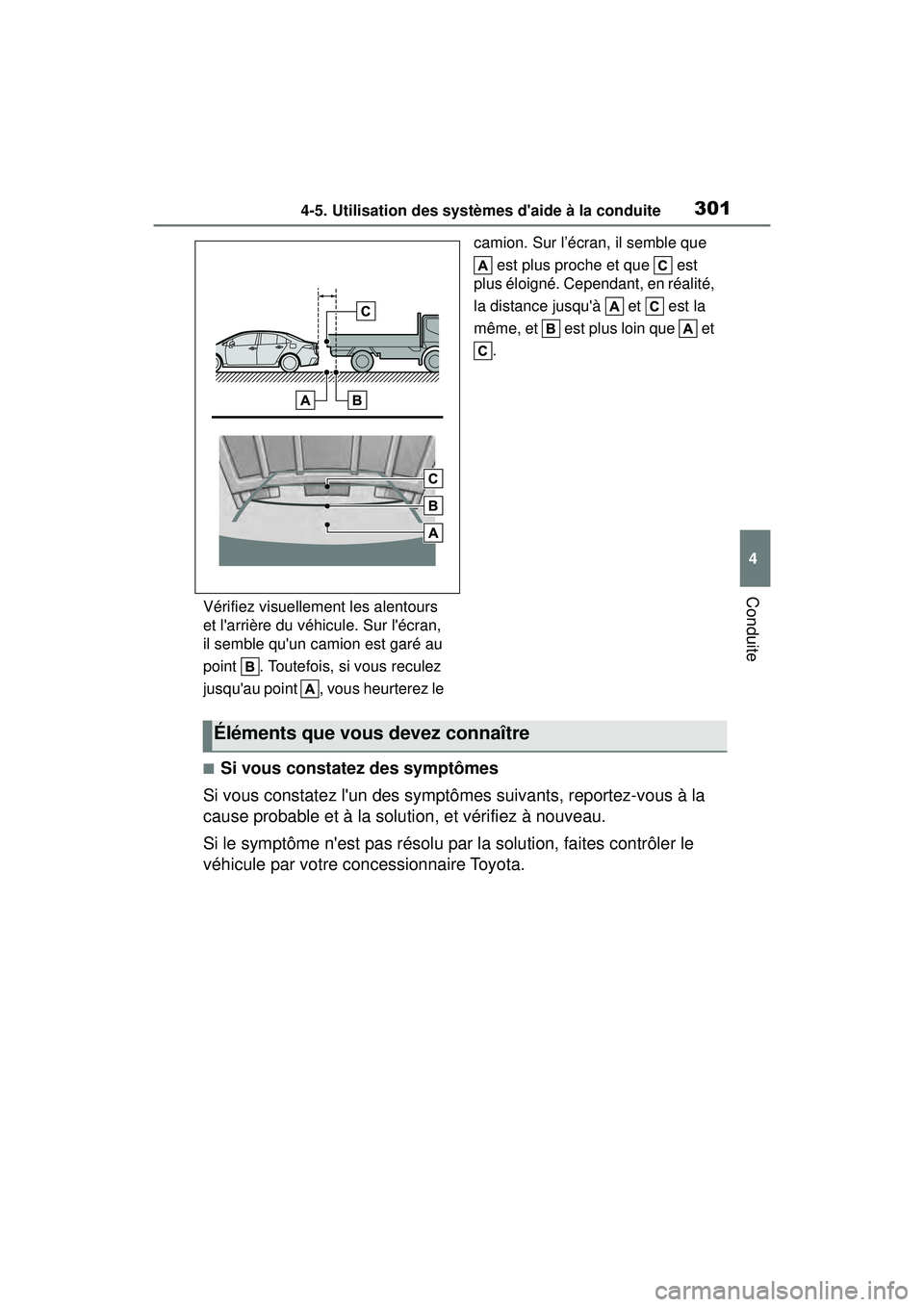 TOYOTA COROLLA 2021  Manuel du propriétaire (in French) 3014-5. Utilisation des systèmes daide à la conduite
COROLLA_D
4
ConduiteVérifiez visuellement les alentours 
et larrière du véhicule. Sur lécran, 
il semble quun camion est garé au 
point 