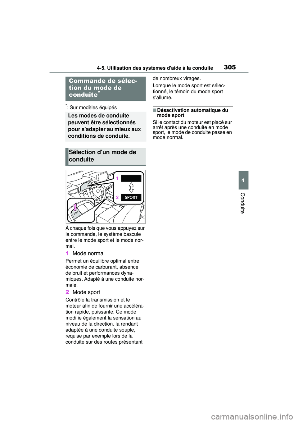 TOYOTA COROLLA 2021  Manuel du propriétaire (in French) 3054-5. Utilisation des systèmes daide à la conduite
COROLLA_D
4
Conduite
*: Sur modèles équipés
À chaque fois que vous appuyez sur 
la commande, le système bascule 
entre le mode sport et le 
