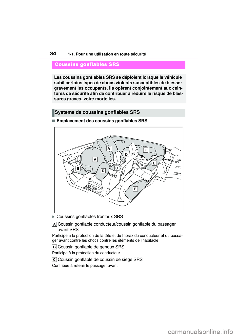 TOYOTA COROLLA 2021 Manuel du propriétaire (in French) 341-1. Pour une utilisation en toute sécurité
COROLLA_D
■Emplacement des coussins gonflables SRS
Coussins gonflables frontaux SRSCoussin gonflable conducteur/c oussin gonflable du passager
ava TOYOTA COROLLA 2021 Manuel du propriétaire (in French) 341-1. Pour une utilisation en toute sécurité
COROLLA_D
■Emplacement des coussins gonflables SRS
Coussins gonflables frontaux SRSCoussin gonflable conducteur/c oussin gonflable du passager
ava