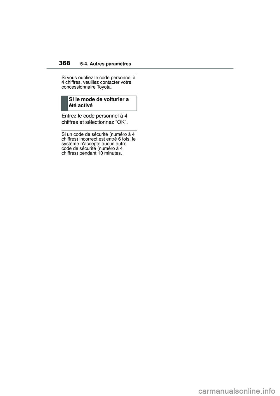 TOYOTA COROLLA 2021  Manuel du propriétaire (in French) 3685-4. Autres paramètres
COROLLA_D
Si vous oubliez le code personnel à 
4 chiffres, veuillez contacter votre 
concessionnaire Toyota.
Entrez le code personnel à 4 
chiffres et sélectionnez “OK