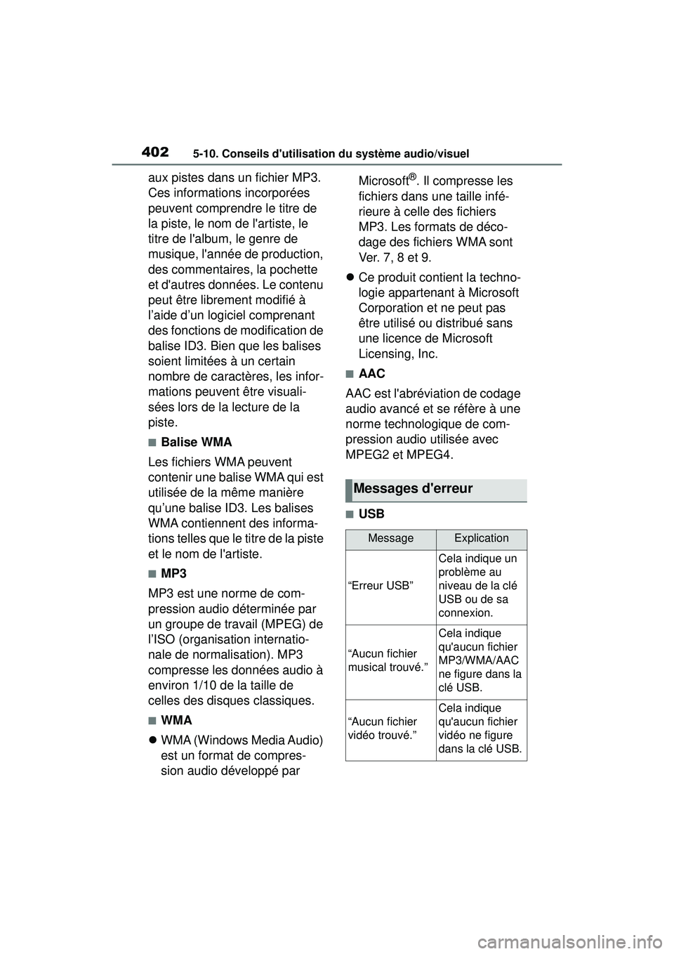 TOYOTA COROLLA 2021 Manuel du propriétaire (in French) 4025-10. Conseils dutilisation du système audio/visuel
COROLLA_D
aux pistes dans un fichier MP3.
Ces informations incorporées
peuvent comprendre le titre de
la piste, le nom de lartiste, le
ti TOYOTA COROLLA 2021 Manuel du propriétaire (in French) 4025-10. Conseils dutilisation du système audio/visuel
COROLLA_D
aux pistes dans un fichier MP3.
Ces informations incorporées
peuvent comprendre le titre de
la piste, le nom de lartiste, le
ti