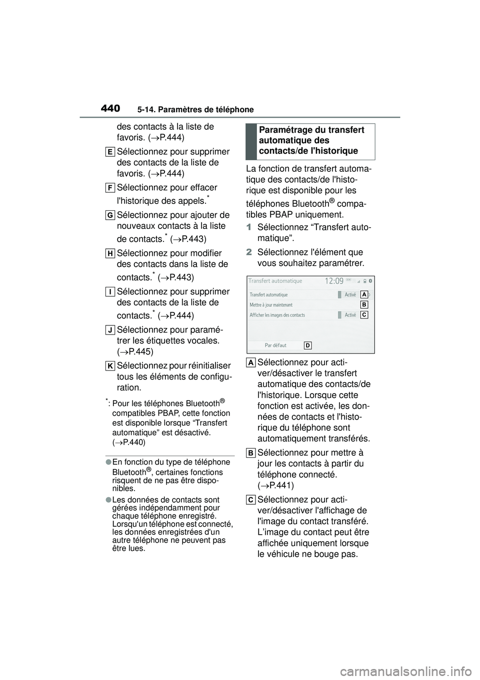 TOYOTA COROLLA 2021 Manuel du propriétaire (in French) 4405-14. Paramètres de téléphone
COROLLA_D
des contacts à la liste de
favoris. (P.444)
Sélectionnez pour supprimer
des contacts de la liste de
favoris. ( P.444)
Sélectionnez pour efface TOYOTA COROLLA 2021 Manuel du propriétaire (in French) 4405-14. Paramètres de téléphone
COROLLA_D
des contacts à la liste de
favoris. (P.444)
Sélectionnez pour supprimer
des contacts de la liste de
favoris. ( P.444)
Sélectionnez pour efface