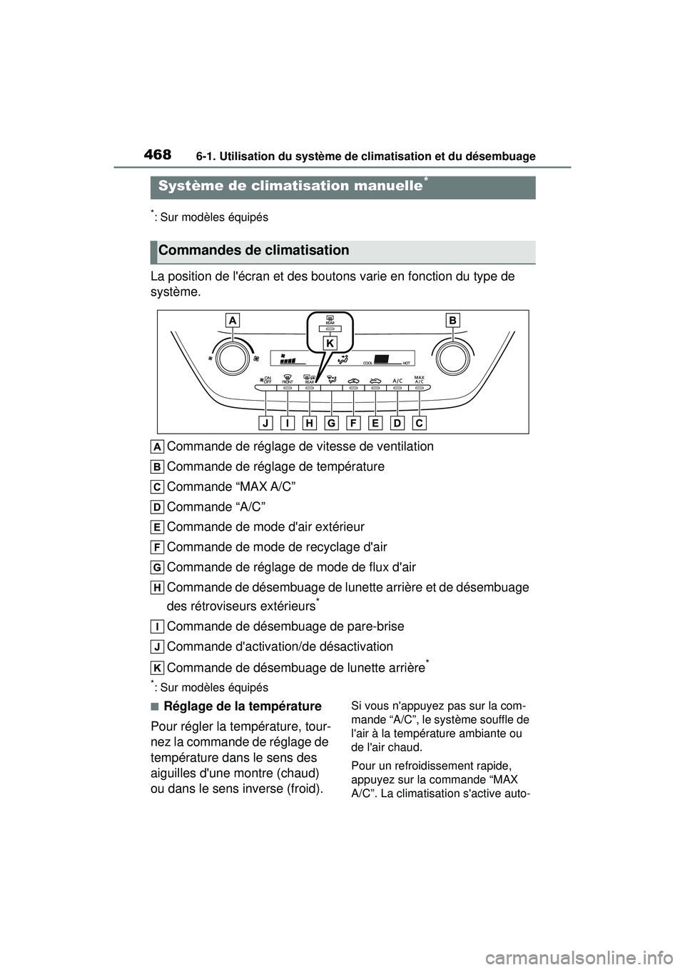 TOYOTA COROLLA 2021 Manuel du propriétaire (in French) 4686-1. Utilisation du système de climatisation et du désembuage
COROLLA_D
6-1.Utilisation du système de climatisation et du désembuage
*: Sur modèles équipés
La position de lécran et des bou TOYOTA COROLLA 2021 Manuel du propriétaire (in French) 4686-1. Utilisation du système de climatisation et du désembuage
COROLLA_D
6-1.Utilisation du système de climatisation et du désembuage
*: Sur modèles équipés
La position de lécran et des bou