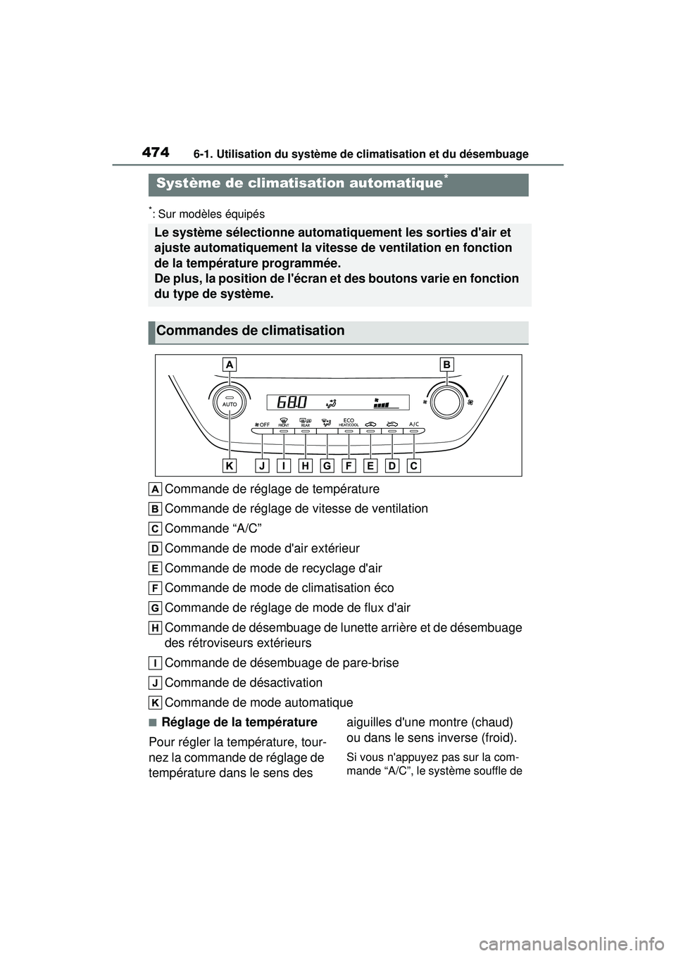 TOYOTA COROLLA 2021 Manuel du propriétaire (in French) 4746-1. Utilisation du système de climatisation et du désembuage
COROLLA_D
*: Sur modèles équipés
Commande de réglage de température
Commande de réglage de vitesse de ventilation
Commande “A TOYOTA COROLLA 2021 Manuel du propriétaire (in French) 4746-1. Utilisation du système de climatisation et du désembuage
COROLLA_D
*: Sur modèles équipés
Commande de réglage de température
Commande de réglage de vitesse de ventilation
Commande “A
