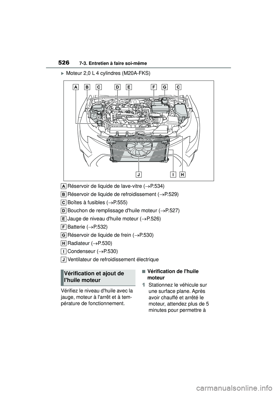 TOYOTA COROLLA 2021 Manuel du propriétaire (in French) 5267-3. Entretien à faire soi-même
COROLLA_D
Moteur 2,0 L 4 cylindres (M20A-FKS)Réservoir de liquide de lave-vitre ( P.534)
Réservoir de liquide de refroidissement ( P.529)
Boîtes à fus TOYOTA COROLLA 2021 Manuel du propriétaire (in French) 5267-3. Entretien à faire soi-même
COROLLA_D
Moteur 2,0 L 4 cylindres (M20A-FKS)Réservoir de liquide de lave-vitre ( P.534)
Réservoir de liquide de refroidissement ( P.529)
Boîtes à fus