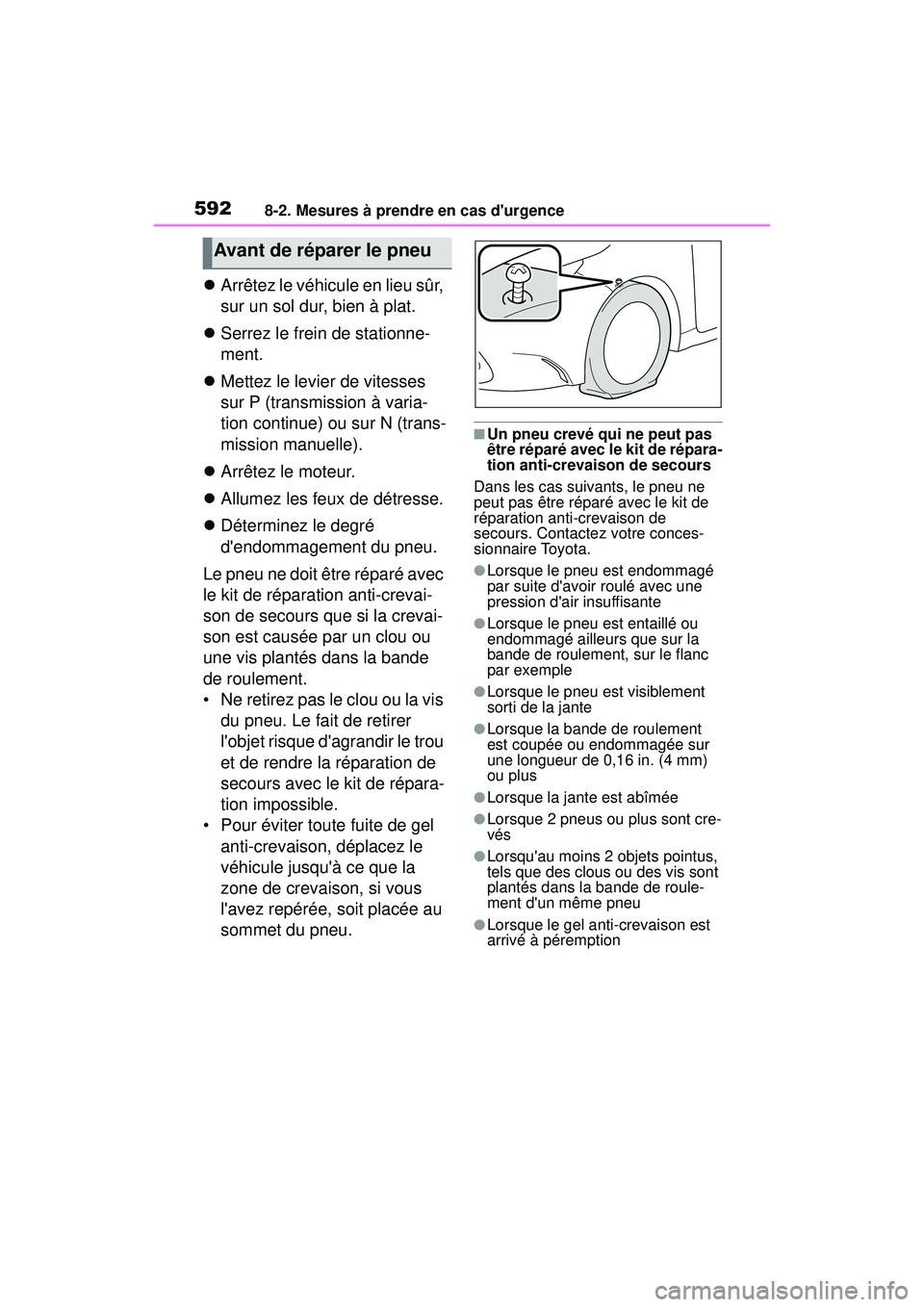TOYOTA COROLLA 2021 Manuel du propriétaire (in French) 5928-2. Mesures à prendre en cas durgence
COROLLA_D
Arrêtez le véhicule en lieu sûr,
sur un sol dur, bien à plat.
Serrez le frein de stationne-
ment.
Mettez le levier de vitesses
su TOYOTA COROLLA 2021 Manuel du propriétaire (in French) 5928-2. Mesures à prendre en cas durgence
COROLLA_D
Arrêtez le véhicule en lieu sûr,
sur un sol dur, bien à plat.
Serrez le frein de stationne-
ment.
Mettez le levier de vitesses
su