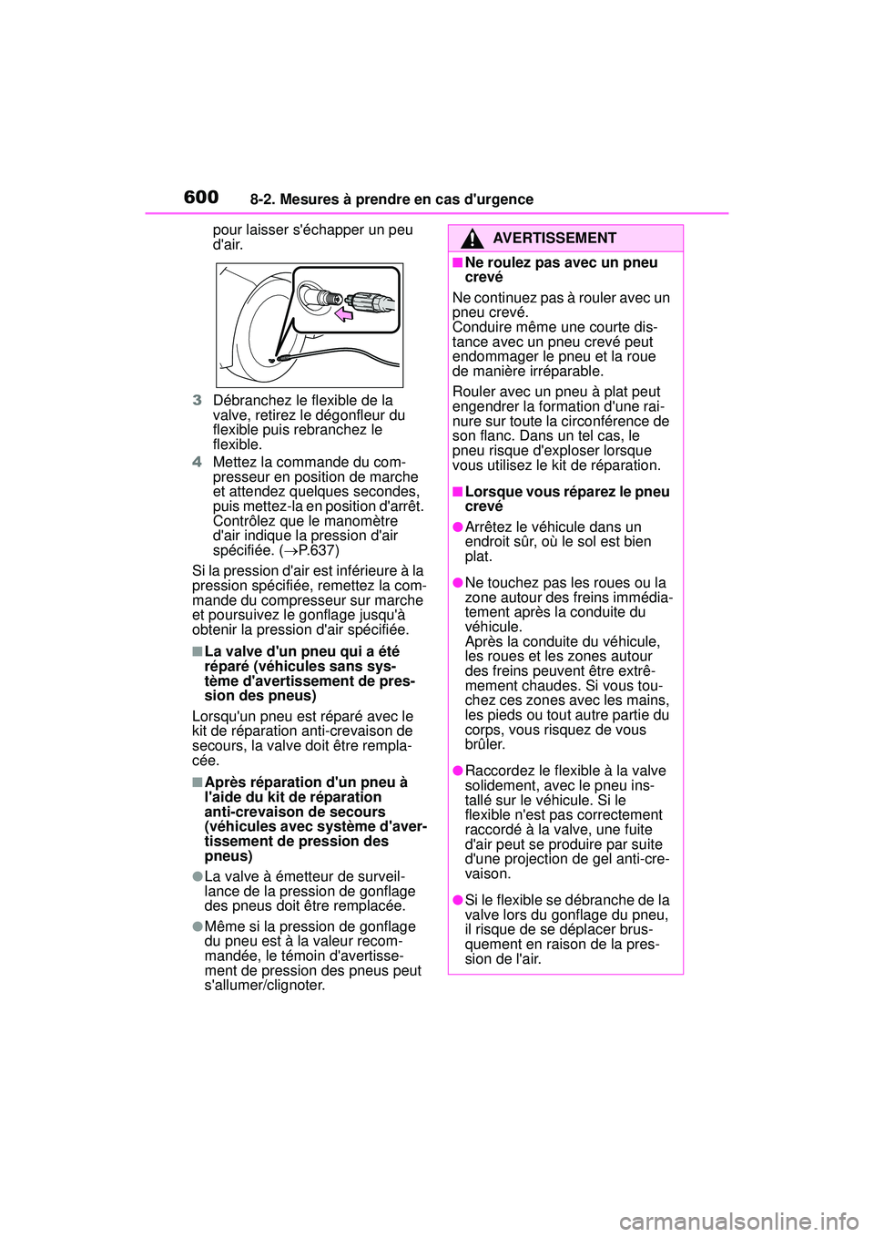 TOYOTA COROLLA 2021 Manuel du propriétaire (in French) 6008-2. Mesures à prendre en cas durgence
COROLLA_Dpour laisser séchapper un peu
dair.
3 Débranchez le flexible de la
valve, retirez le dégonfleur du
flexible puis rebranchez le
flexible.
4 TOYOTA COROLLA 2021 Manuel du propriétaire (in French) 6008-2. Mesures à prendre en cas durgence
COROLLA_Dpour laisser séchapper un peu
dair.
3 Débranchez le flexible de la
valve, retirez le dégonfleur du
flexible puis rebranchez le
flexible.
4