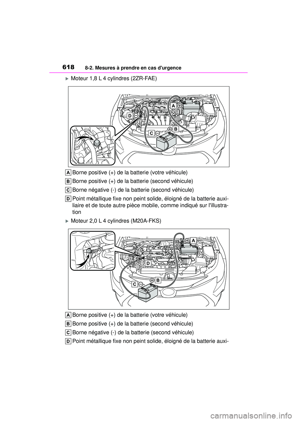 TOYOTA COROLLA 2021 Manuel du propriétaire (in French) 6188-2. Mesures à prendre en cas durgence
COROLLA_D
Moteur 1,8 L 4 cylindres (2ZR-FAE)Borne positive (+) de la batterie (votre véhicule)
Borne positive (+) de la batterie (second véhicule)
Born TOYOTA COROLLA 2021 Manuel du propriétaire (in French) 6188-2. Mesures à prendre en cas durgence
COROLLA_D
Moteur 1,8 L 4 cylindres (2ZR-FAE)Borne positive (+) de la batterie (votre véhicule)
Borne positive (+) de la batterie (second véhicule)
Born