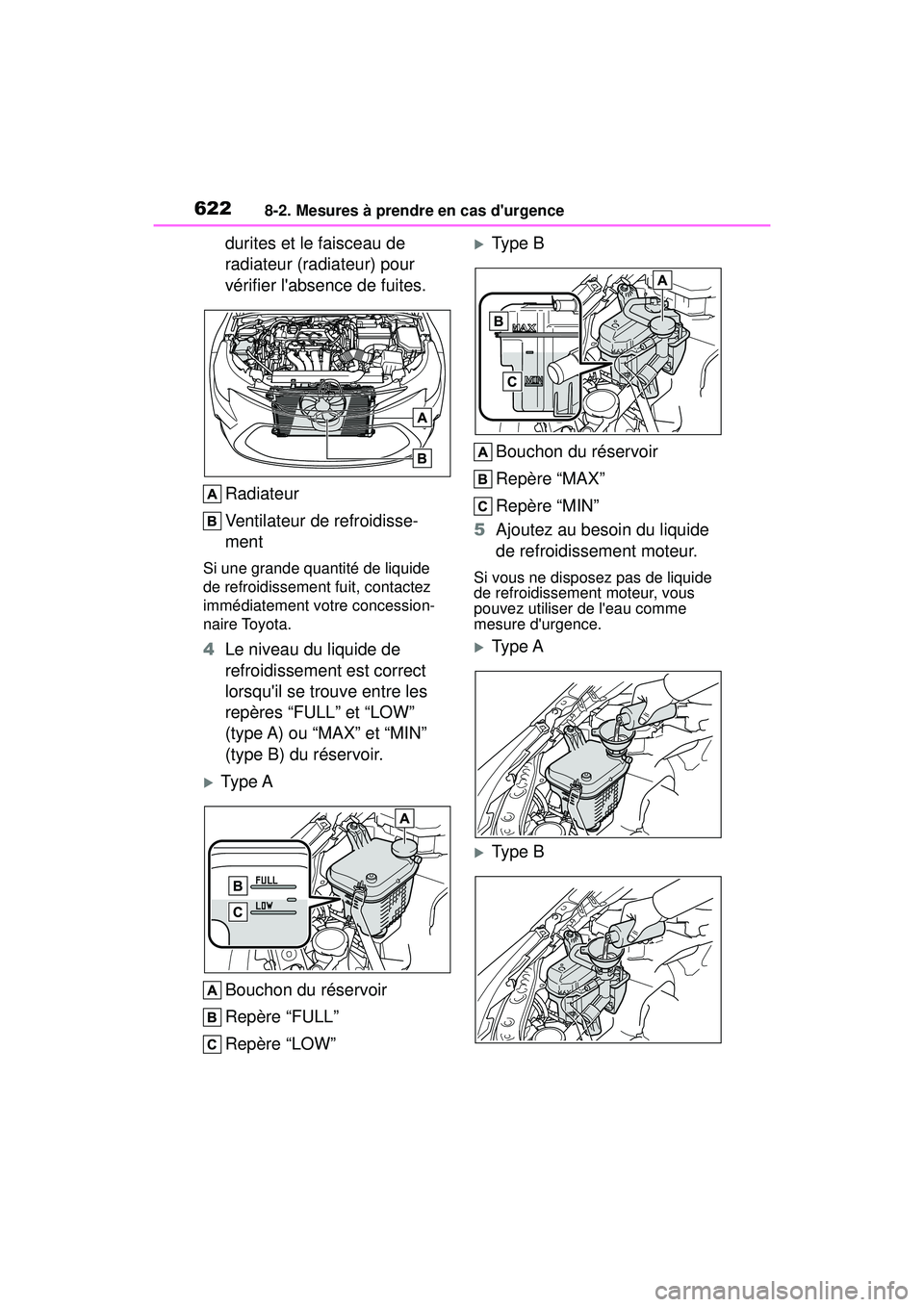 TOYOTA COROLLA 2021 Manuel du propriétaire (in French) 6228-2. Mesures à prendre en cas durgence
COROLLA_D
durites et le faisceau de
radiateur (radiateur) pour
vérifier labsence de fuites.
Radiateur
Ventilateur de refroidisse-
ment
Si une grande qua TOYOTA COROLLA 2021 Manuel du propriétaire (in French) 6228-2. Mesures à prendre en cas durgence
COROLLA_D
durites et le faisceau de
radiateur (radiateur) pour
vérifier labsence de fuites.
Radiateur
Ventilateur de refroidisse-
ment
Si une grande qua