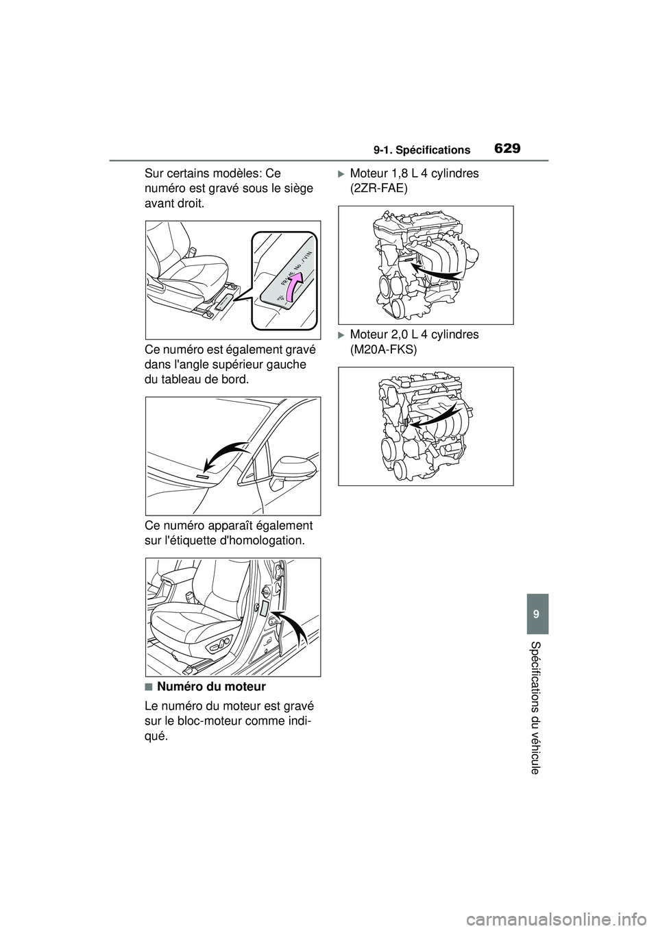 TOYOTA COROLLA 2021 Manuel du propriétaire (in French) 6299-1. Spécifications
COROLLA_D
9
Spécifications du véhicule
Sur certains modèles: Ce
numéro est gravé sous le siège
avant droit.
Ce numéro est également gravé
dans langle supérieur ga TOYOTA COROLLA 2021 Manuel du propriétaire (in French) 6299-1. Spécifications
COROLLA_D
9
Spécifications du véhicule
Sur certains modèles: Ce
numéro est gravé sous le siège
avant droit.
Ce numéro est également gravé
dans langle supérieur ga