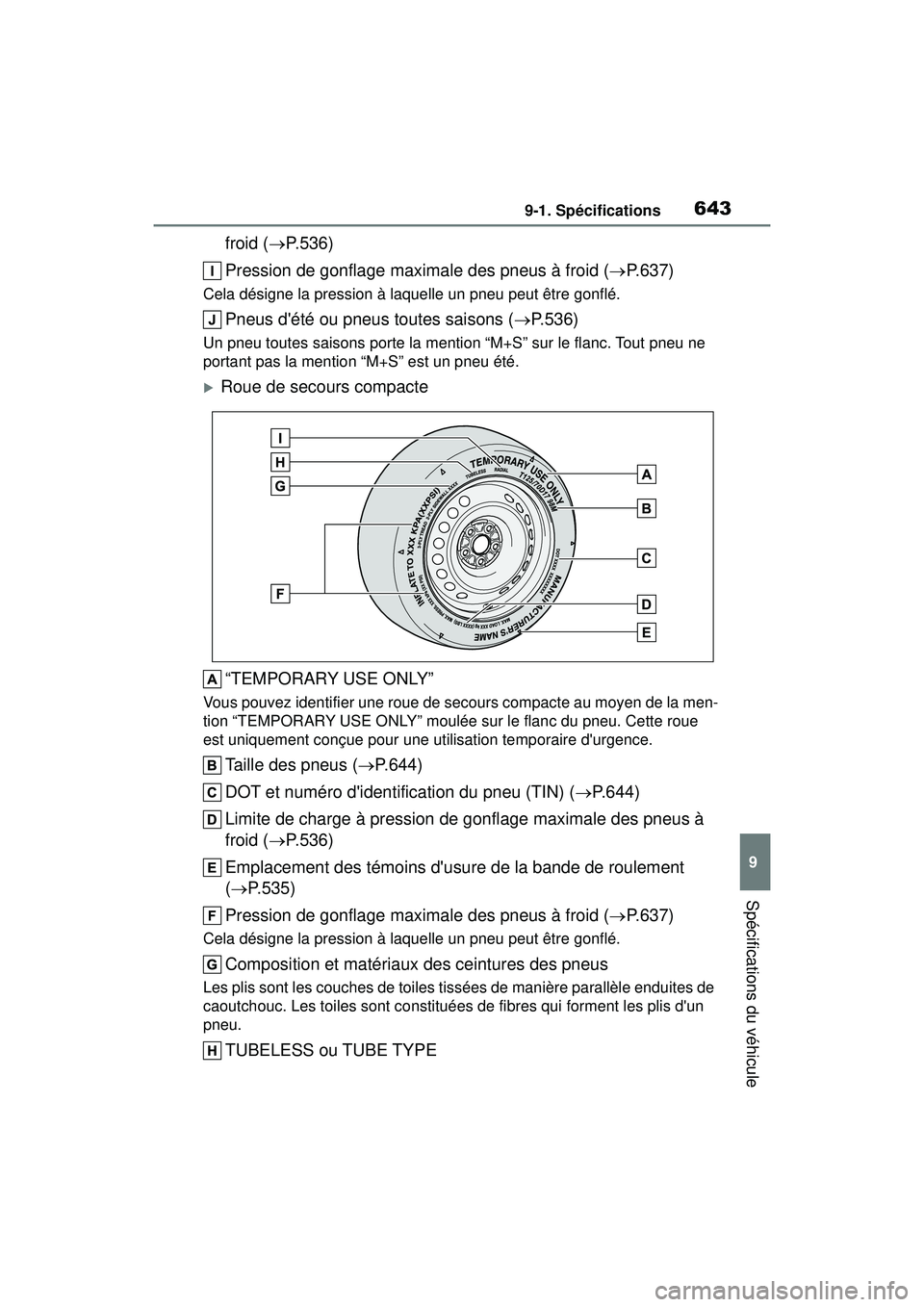 TOYOTA COROLLA 2021 Manuel du propriétaire (in French) 6439-1. Spécifications
COROLLA_D
9
Spécifications du véhicule
froid ( P.536)
Pression de gonflage maximale des pneus à froid ( P.637)
Cela désigne la pression à laquelle un pneu peut être TOYOTA COROLLA 2021 Manuel du propriétaire (in French) 6439-1. Spécifications
COROLLA_D
9
Spécifications du véhicule
froid ( P.536)
Pression de gonflage maximale des pneus à froid ( P.637)
Cela désigne la pression à laquelle un pneu peut être