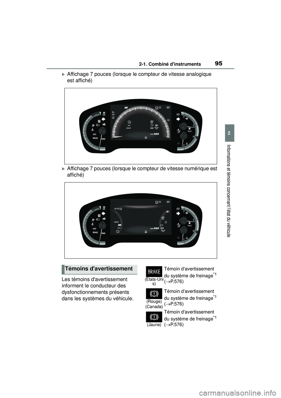 TOYOTA COROLLA 2021 Manuel du propriétaire (in French) 952-1. Combiné dinstruments
COROLLA_D
2
Informations et témoins concernant l’état du véhicule
Affichage 7 pouces (lorsque le compteur de vitesse analogique
est affiché)
Affichage 7 pouc TOYOTA COROLLA 2021 Manuel du propriétaire (in French) 952-1. Combiné dinstruments
COROLLA_D
2
Informations et témoins concernant l’état du véhicule
Affichage 7 pouces (lorsque le compteur de vitesse analogique
est affiché)
Affichage 7 pouc