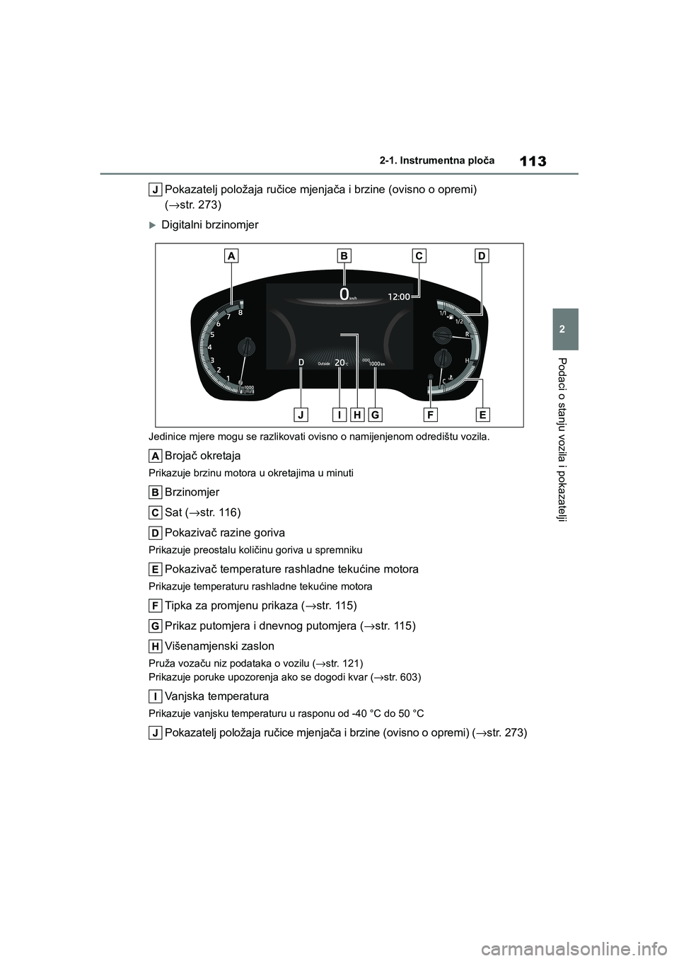 TOYOTA COROLLA 2021  Upute Za Rukovanje (in Croatian) 113
2 2-1. Instrumentna ploča
Podaci o stanju vozila i pokazatelji
COROLLA_TMMT_EE
Pokazatelj položaja ručice mjenjača i brzine (ovisno o opremi) 
(→str. 273)
Digitalni brzinomjer
Jedinice mjer
