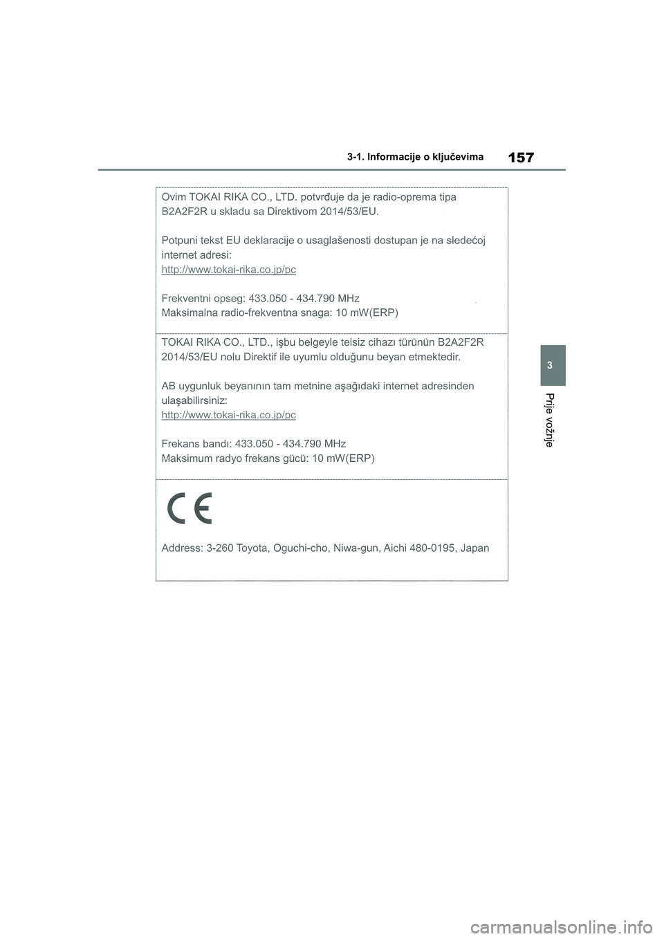 TOYOTA COROLLA 2021  Upute Za Rukovanje (in Croatian) 157
3 3-1. Informacije o ključevima
Prije vožnje
COROLLA_TMMT_EE
COROLLA(TMMT)_OM_Europe_OM12P10E_CR.book  Page 157  Thursday, January 7, 2021  1:15 PM 