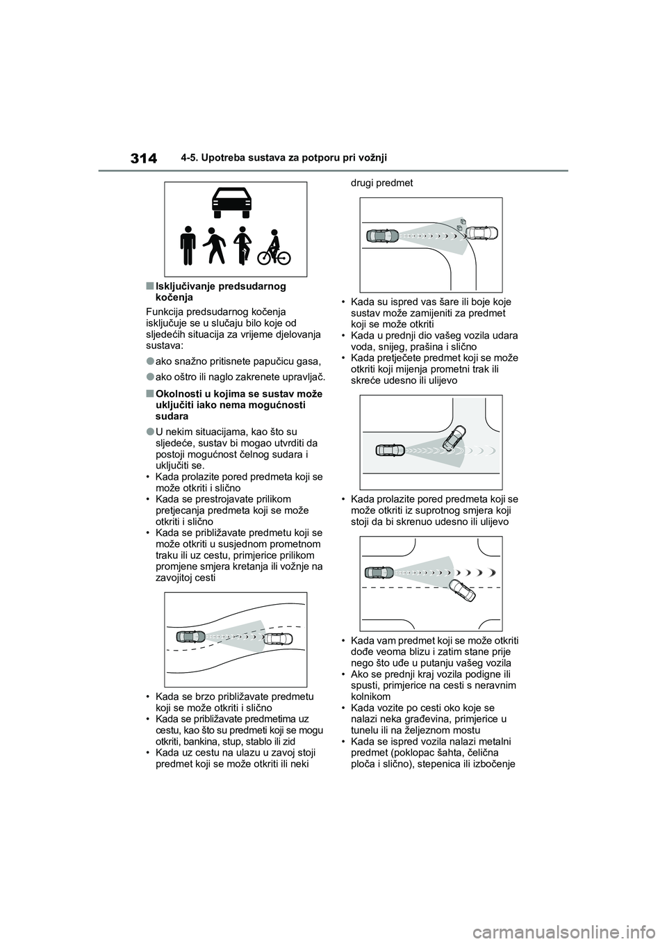 TOYOTA COROLLA 2021 Upute Za Rukovanje (in Croatian) 3144-5. Upotreba sustava za potporu pri vožnji
COROLLA_TMMT_EE
■Isključivanje predsudarnog
kočenja
Funkcija predsudarnog kočenja
isključuje se u slučaju bilo koje od
sljedećih situacija za TOYOTA COROLLA 2021 Upute Za Rukovanje (in Croatian) 3144-5. Upotreba sustava za potporu pri vožnji
COROLLA_TMMT_EE
■Isključivanje predsudarnog
kočenja
Funkcija predsudarnog kočenja
isključuje se u slučaju bilo koje od
sljedećih situacija za