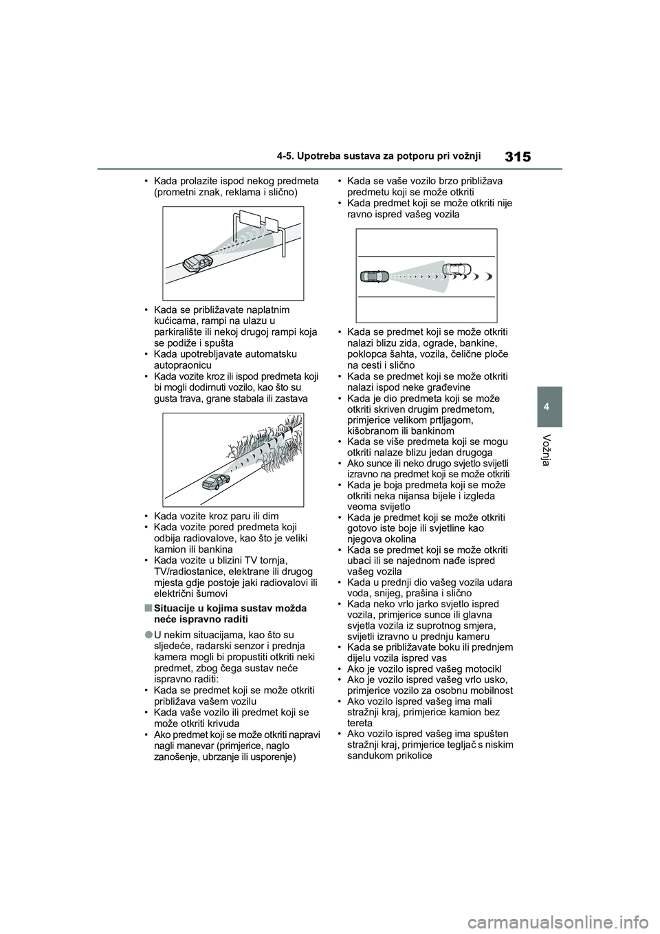 TOYOTA COROLLA 2021 Upute Za Rukovanje (in Croatian) 315
4 4-5. Upotreba sustava za potporu pri vožnji
Vožnja
COROLLA_TMMT_EE• Kada prolazite ispod nekog predmeta
(prometni znak, reklama i slično)
• Kada se približavate naplatnim
kućicama, ra TOYOTA COROLLA 2021 Upute Za Rukovanje (in Croatian) 315
4 4-5. Upotreba sustava za potporu pri vožnji
Vožnja
COROLLA_TMMT_EE• Kada prolazite ispod nekog predmeta
(prometni znak, reklama i slično)
• Kada se približavate naplatnim
kućicama, ra