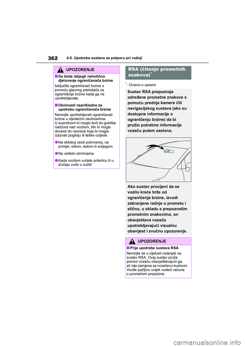 TOYOTA COROLLA 2021 Upute Za Rukovanje (in Croatian) 3624-5. Upotreba sustava za potporu pri vožnji
COROLLA_TMMT_EE
*: Ovisno o opremi
UPOZORENJE
■Da biste izbjegli nehotično
djelovanje ograničavača brzine
Isključite ograničavač brzine s
pomo TOYOTA COROLLA 2021 Upute Za Rukovanje (in Croatian) 3624-5. Upotreba sustava za potporu pri vožnji
COROLLA_TMMT_EE
*: Ovisno o opremi
UPOZORENJE
■Da biste izbjegli nehotično
djelovanje ograničavača brzine
Isključite ograničavač brzine s
pomo