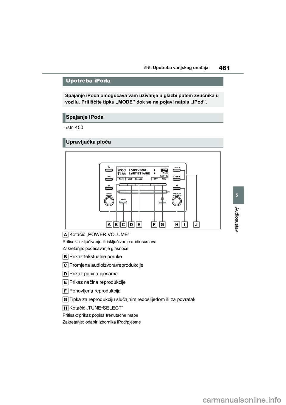 TOYOTA COROLLA 2021  Upute Za Rukovanje (in Croatian) 461
5 5-5. Upotreba vanjskog uređaja
Audiosustav
COROLLA_TMMT_EE
5-5.Upotreba vanjskog uređaja
→str. 450
Kotačić „POWER VOLUME”
Pritisak: uključivanje ili isključivanje audiosustava
Zakret