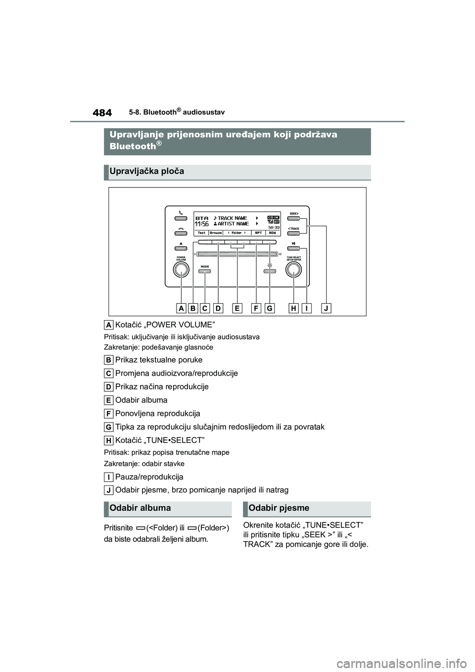 TOYOTA COROLLA 2021  Upute Za Rukovanje (in Croatian) 4845-8. Bluetooth® audiosustav
COROLLA_TMMT_EE
5-8.Bluetooth® audiosustav
Kotačić „POWER VOLUME”
Pritisak: uključivanje ili isključivanje audiosustava
Zakretanje: podešavanje glasnoće
Prik