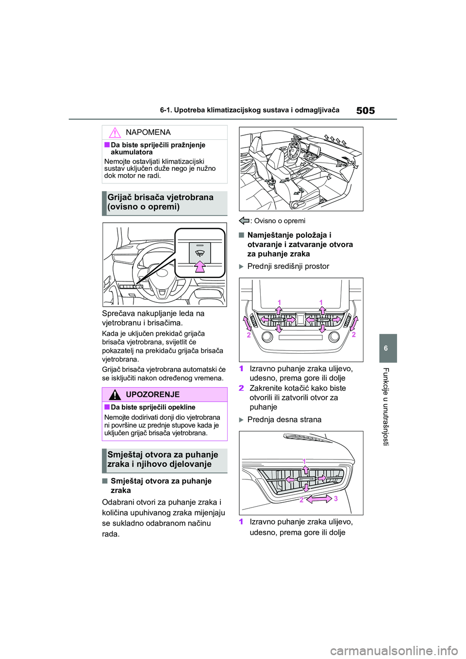 TOYOTA COROLLA 2021  Upute Za Rukovanje (in Croatian) 505
6 6-1. Upotreba klimatizacijskog sustava i odmagljivača
Funkcije u unutrašnjosti
COROLLA_TMMT_EE
Sprečava nakupljanje leda na 
vjetrobranu i brisačima.
Kada je uključen prekidač grijača 
br