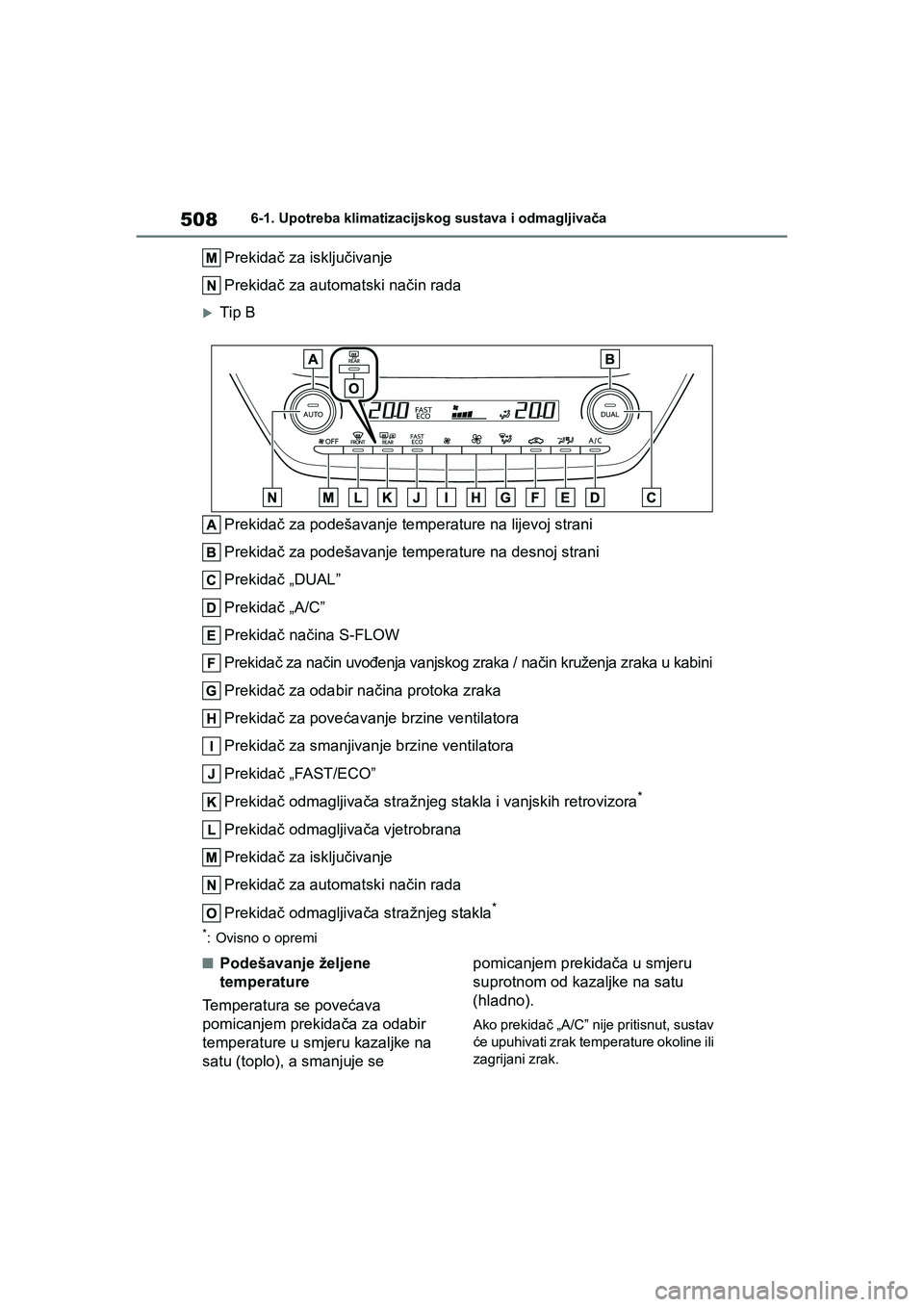 TOYOTA COROLLA 2021  Upute Za Rukovanje (in Croatian) 5086-1. Upotreba klimatizacijskog sustava i odmagljivača
COROLLA_TMMT_EE
Prekidač za isključivanje
Prekidač za automatski način rada
Tip B
Prekidač za podešavanje temperature na lijevoj strani