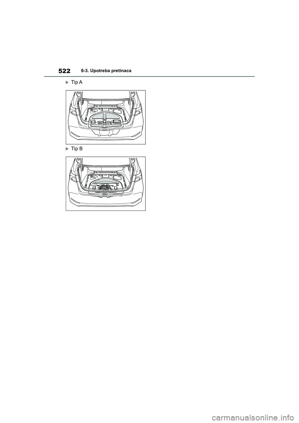 TOYOTA COROLLA 2021  Upute Za Rukovanje (in Croatian) 5226-3. Upotreba pretinaca
COROLLA_TMMT_EE
Tip A
Tip B
COROLLA(TMMT)_OM_Europe_OM12P10E_CR.book  Page 522  Thursday, January 7, 2021  1:15 PM 