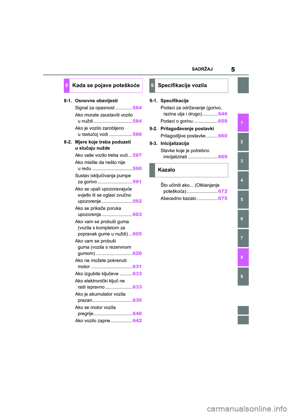 TOYOTA COROLLA 2021  Upute Za Rukovanje (in Croatian) 5SADRŽAJ
COROLLA_TMMT_EE
1
6 5
4
3
2
9
8
7
8-1. Osnovne obavijesti
Signal za opasnost .............584
Ako morate zaustaviti vozilo 
u nuždi ..............................584
Ako je vozilo zarobljen