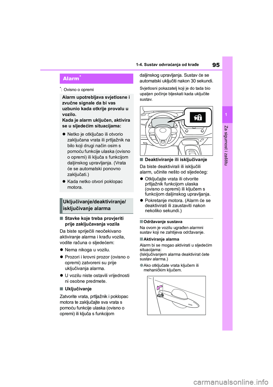 TOYOTA COROLLA 2021  Upute Za Rukovanje (in Croatian) 95
1 1-4. Sustav odvraćanja od krađe
Za sigurnost i zaštitu
COROLLA_TMMT_EE
*: Ovisno o opremi
■Stavke koje treba provjeriti 
prije zaključavanja vozila
Da biste spriječili neočekivano 
aktivi