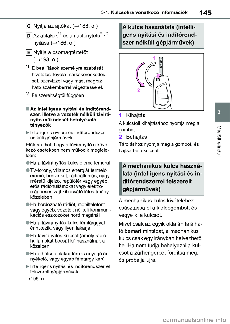 TOYOTA COROLLA 2020 Kezelési útmutató (in Hungarian) 145
3
3-1. Kulcsokra vonatkozó információk
Mielőtt elindul
Nyitja az ajtókat (
→186. o.)
Az ablakok*1 és a napfénytető*1, 2
nyitása (
→186. o.)
Nyitja a csomagtértetőt
( → 193. o.)
TOYOTA COROLLA 2020 Kezelési útmutató (in Hungarian) 145
3
3-1. Kulcsokra vonatkozó információk
Mielőtt elindul
Nyitja az ajtókat (
→186. o.)
Az ablakok*1 és a napfénytető*1, 2
nyitása (
→186. o.)
Nyitja a csomagtértetőt
( → 193. o.)