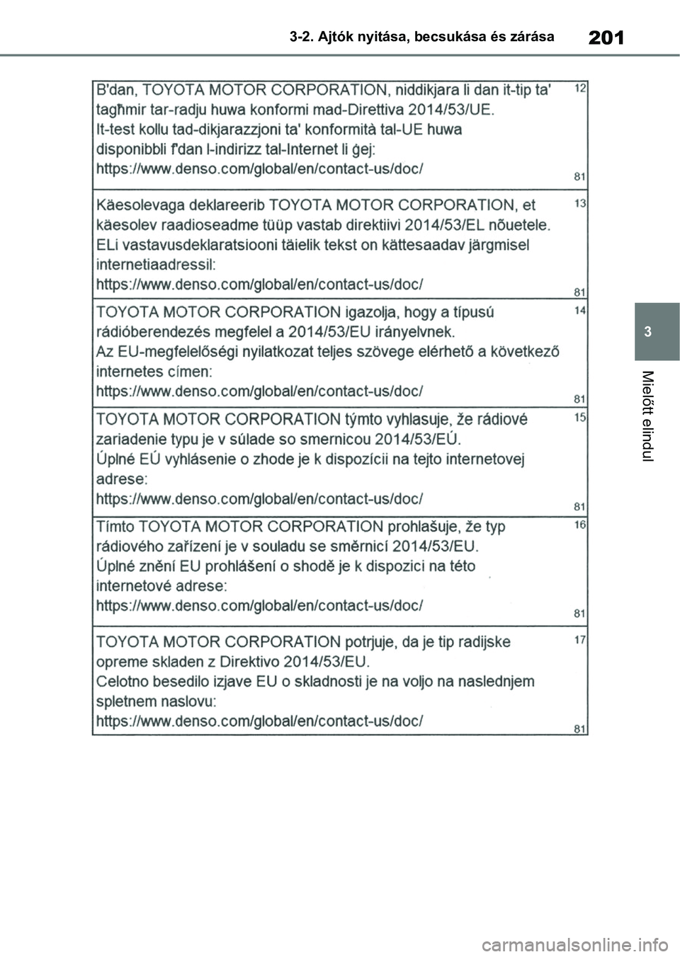 TOYOTA COROLLA 2020  Kezelési útmutató (in Hungarian) 201
3
3-2. Ajtók nyitása, becsukása és zárása
Mielőtt elindul 