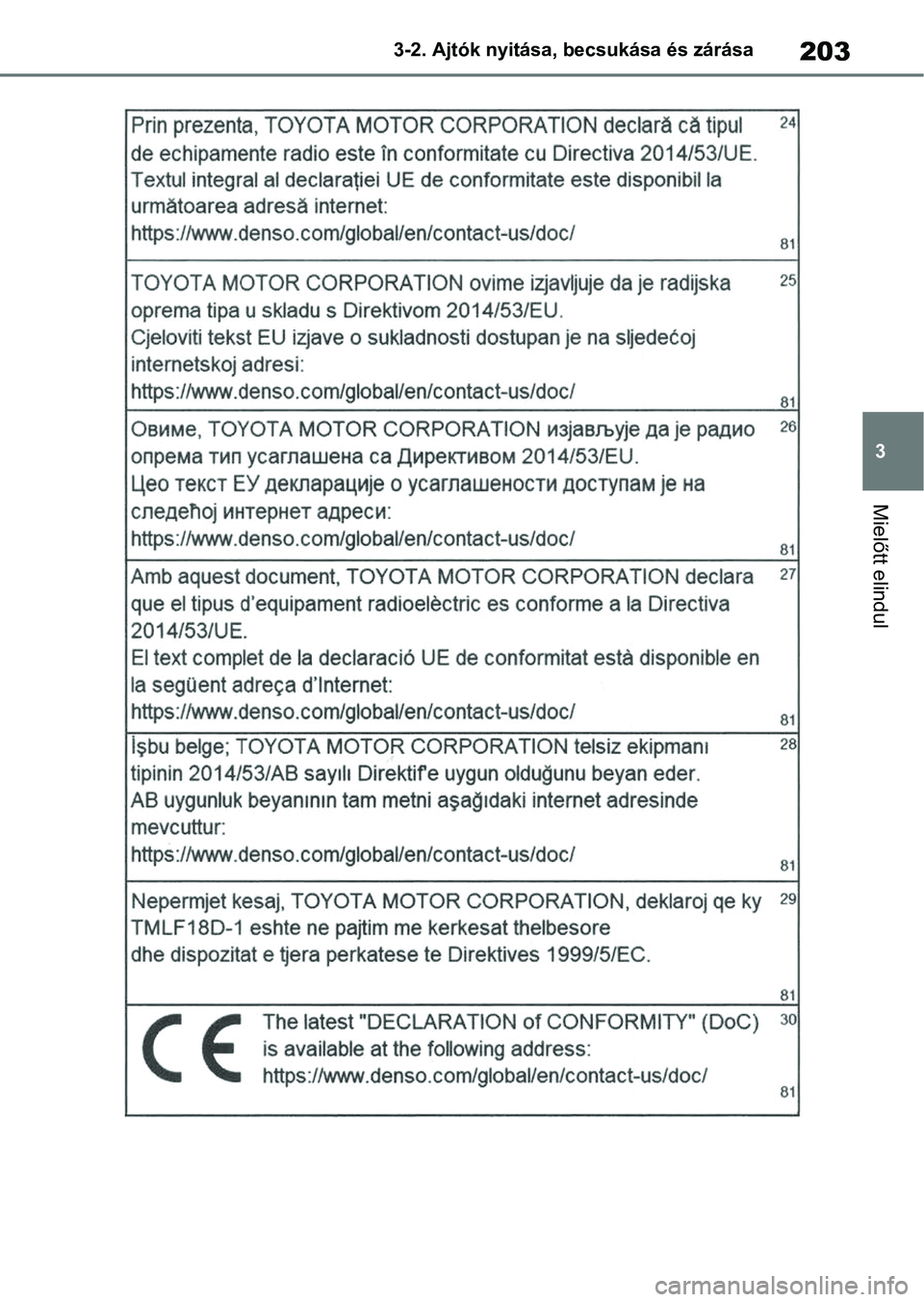TOYOTA COROLLA 2020  Kezelési útmutató (in Hungarian) 203
3
3-2. Ajtók nyitása, becsukása és zárása
Mielőtt elindul 