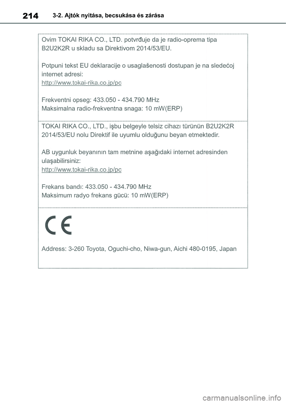 TOYOTA COROLLA 2020  Kezelési útmutató (in Hungarian) 2143-2. Ajtók nyitása, becsukása és zárása 