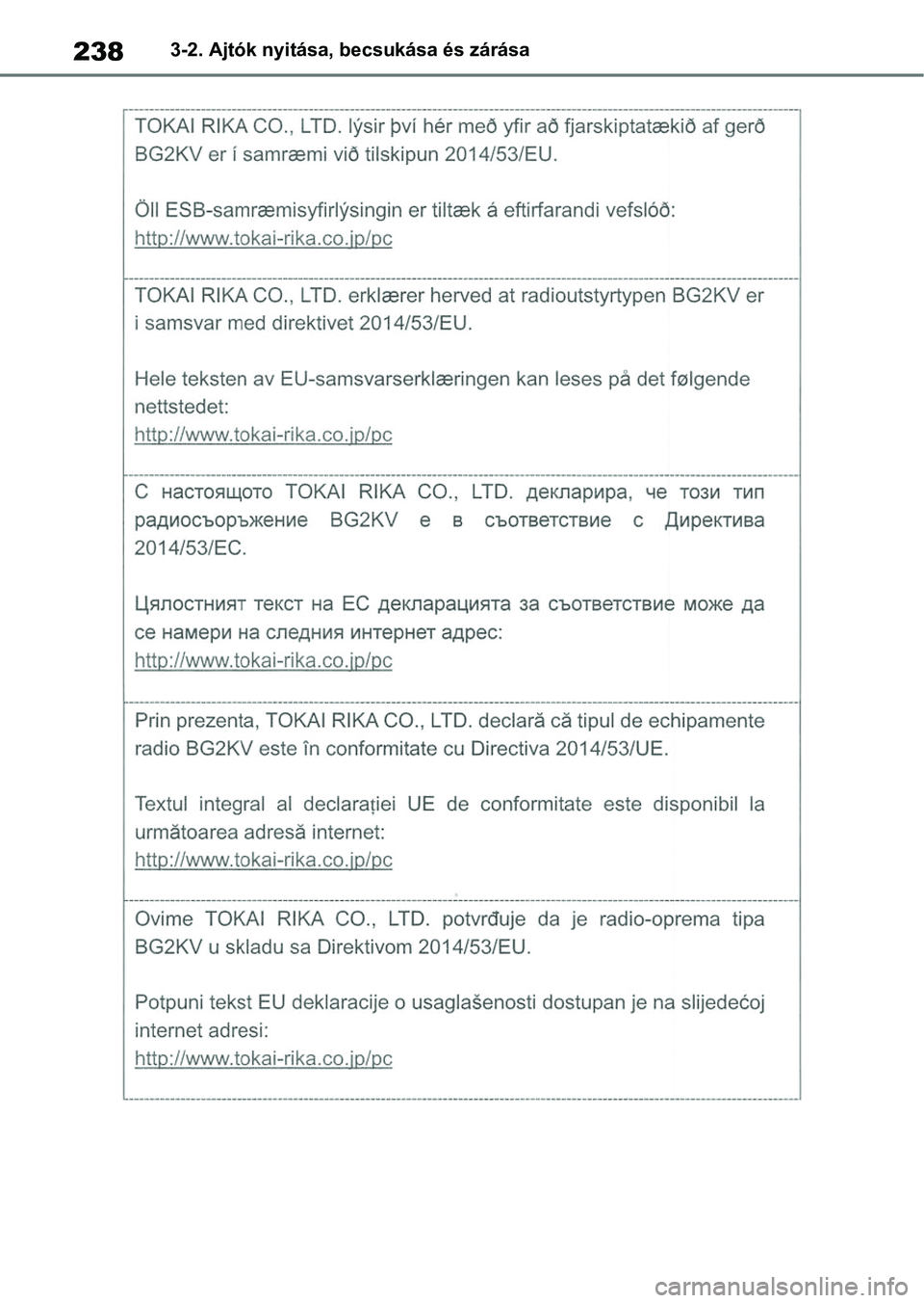 TOYOTA COROLLA 2020  Kezelési útmutató (in Hungarian) 2383-2. Ajtók nyitása, becsukása és zárása 