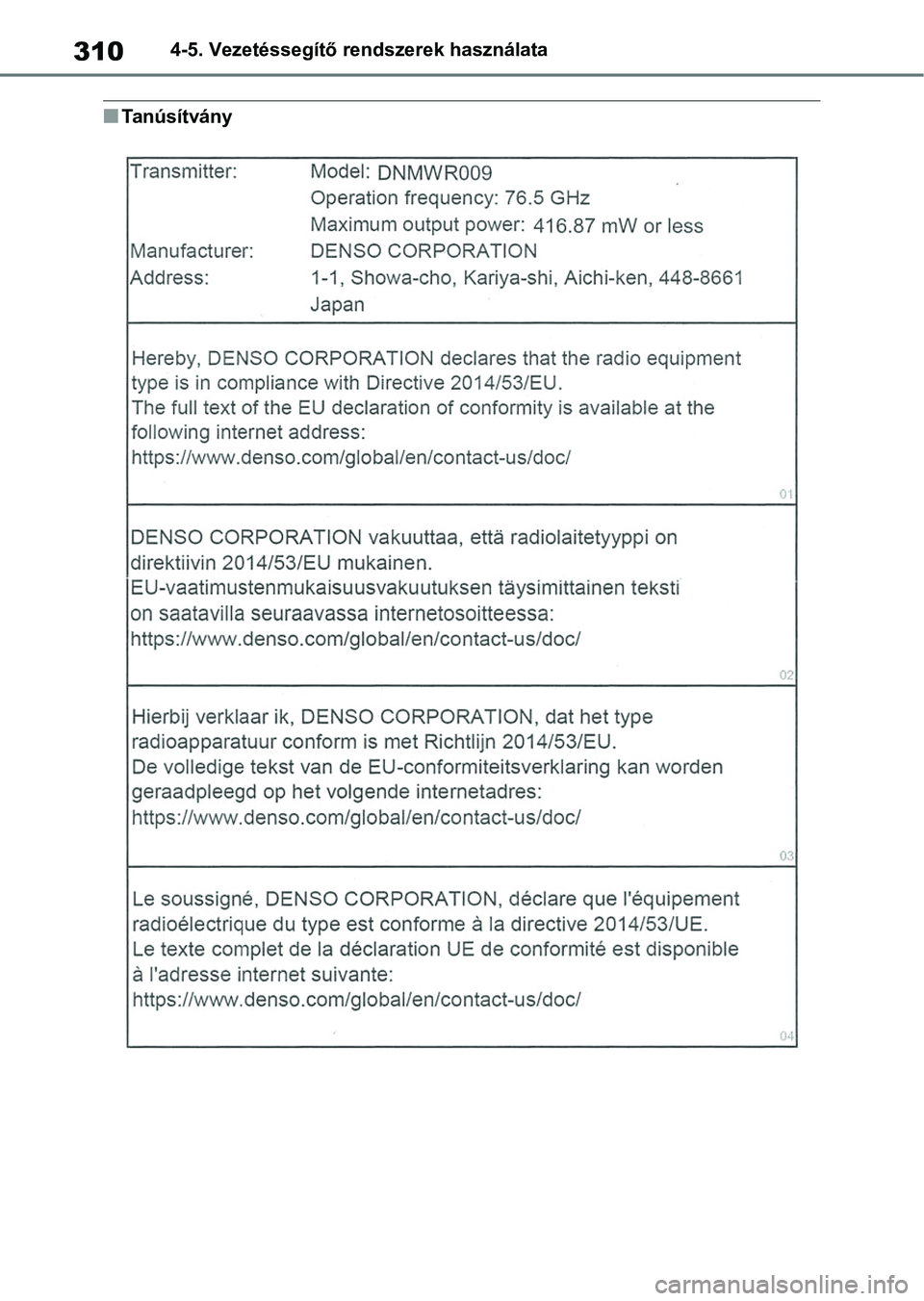 TOYOTA COROLLA 2020  Kezelési útmutató (in Hungarian) 3104-5. Vezetéssegítő rendszerek használata
nTanúsítvány 