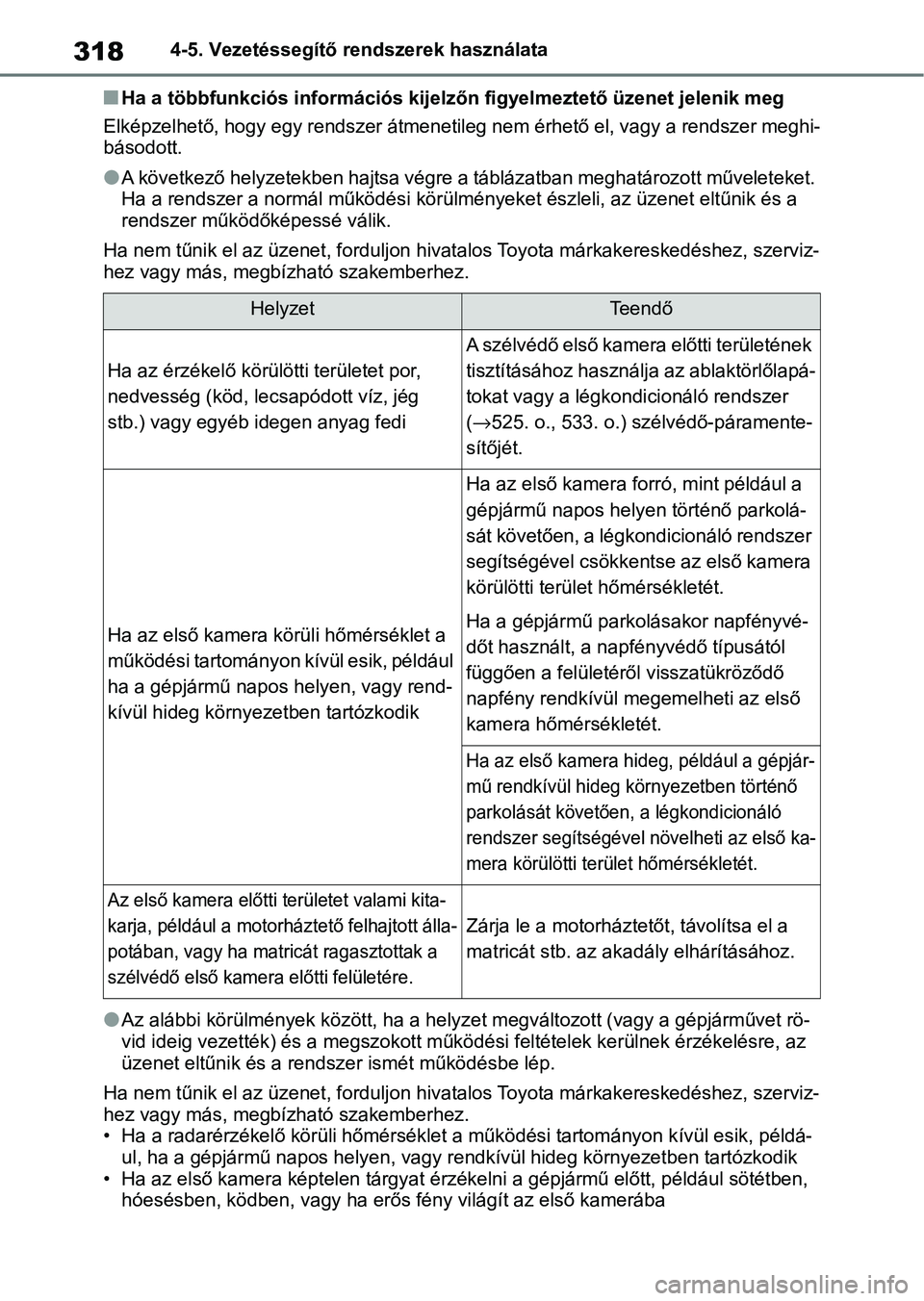 TOYOTA COROLLA 2020  Kezelési útmutató (in Hungarian) 3184-5. Vezetéssegítő rendszerek használata
nHa a többfunkciós információs kijelzőn figyelmeztető üzenet jelenik meg
Elképzelhető, hogy egy rendszer  átmenetileg nem érhető el, vagy a 