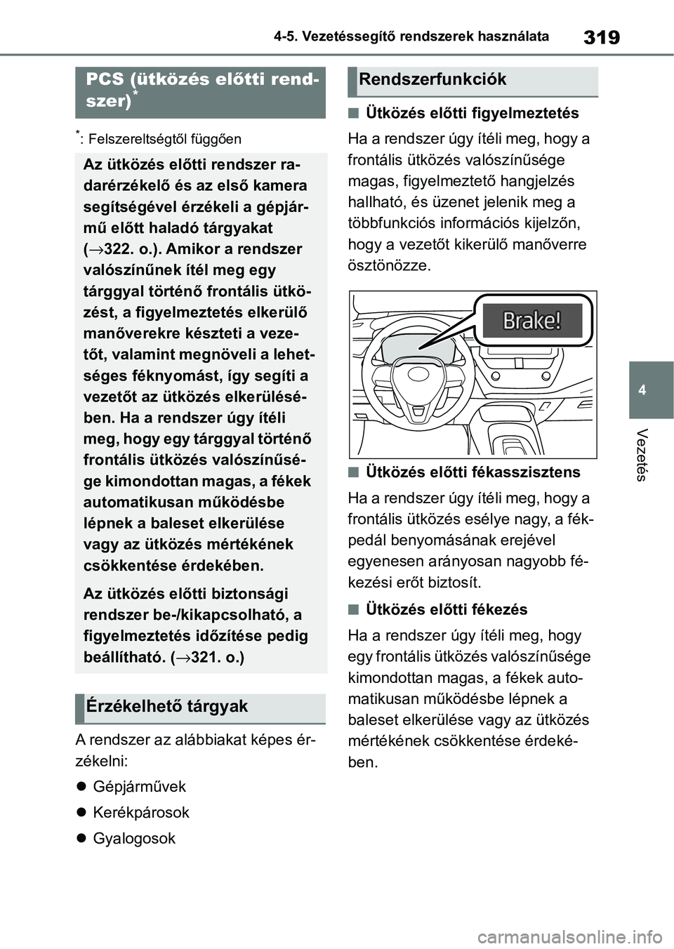 TOYOTA COROLLA 2020  Kezelési útmutató (in Hungarian) 319
4
4-5. Vezetéssegítő re
ndszerek használata
Vezetés
*: Felszereltségtől függően
A rendszer az alábbiakat képes ér-
zékelni:
Gépjárművek
 Kerékpárosok
 Gyalogosok
nÜtkö