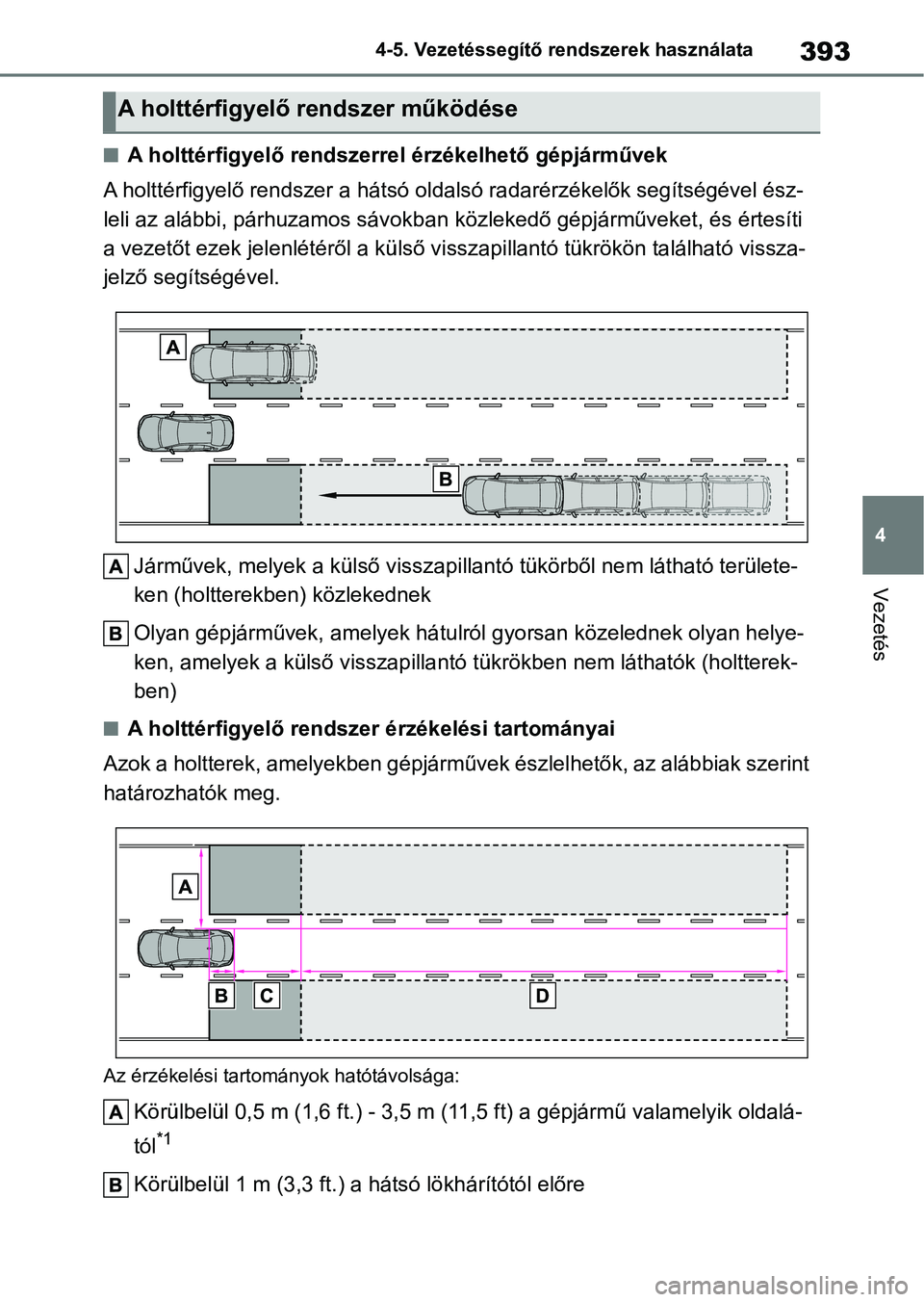 TOYOTA COROLLA 2021  Kezelési útmutató (in Hungarian) 393
4
4-5. Vezetéssegítő re
ndszerek használata
Vezetés
nA holttérfigyelő rendszerrel érzékelhető gépjárművek
A holttérfigyelő rendszer a hátsó oldalsó radarérzékelők segíts ég