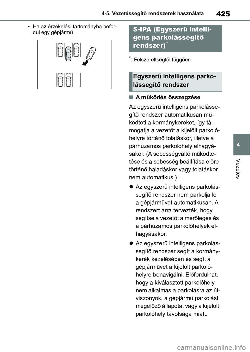 TOYOTA COROLLA 2020  Kezelési útmutató (in Hungarian) 425
4
4-5. Vezetéssegítő re
ndszerek használata
Vezetés
• Ha az érzékelési tartományba befor-
dul egy gépjármű
*: Felszereltségtől függően
nA működés összegzése
Az egyszerű int