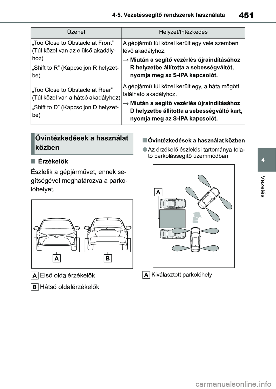 TOYOTA COROLLA 2020 Kezelési útmutató (in Hungarian) 451
4
4-5. Vezetéssegítő re
ndszerek használata
Vezetés
nÉrzékelők
Észlelik a gépjárművet, ennek se-
gítségével meghatározva a parko-
lóhelyet.
Első oldalérzékelők
Hátsó oldalé TOYOTA COROLLA 2020 Kezelési útmutató (in Hungarian) 451
4
4-5. Vezetéssegítő re
ndszerek használata
Vezetés
nÉrzékelők
Észlelik a gépjárművet, ennek se-
gítségével meghatározva a parko-
lóhelyet.
Első oldalérzékelők
Hátsó oldalé
