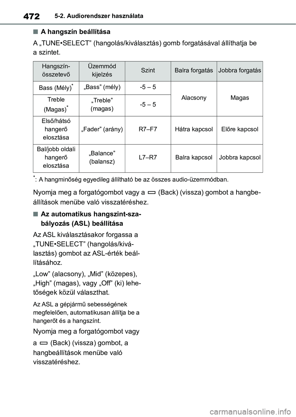 TOYOTA COROLLA 2020  Kezelési útmutató (in Hungarian) 4725-2. Audiorendszer használata
nA hangszín beállítása
A „TUNE•SELECT” (hangolás/kiválasztás) gomb forgatásával állíth atja be 
a szintet.
*: A hangminőség egyedileg állíthat ó