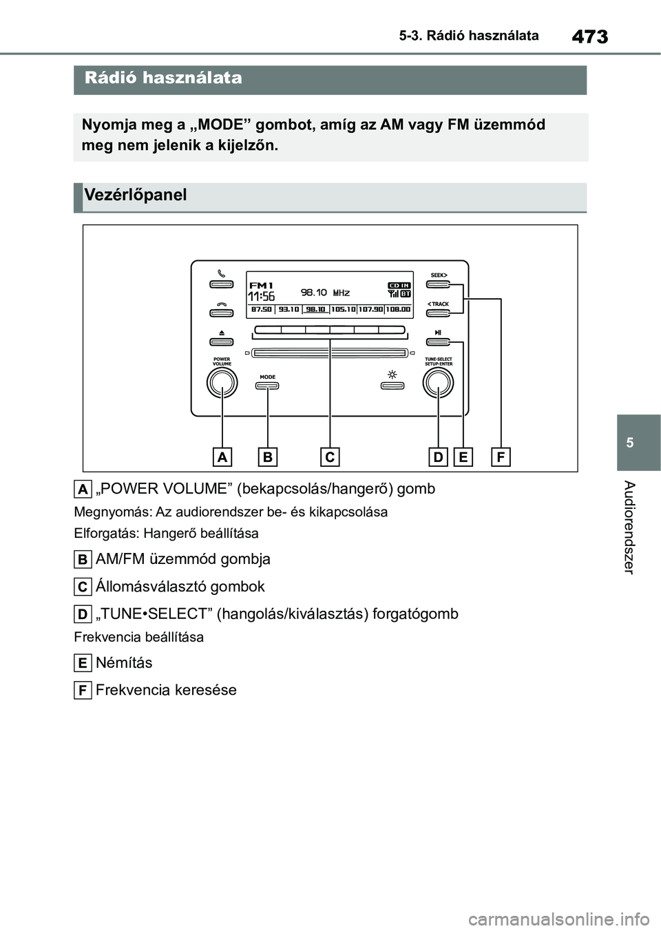 TOYOTA COROLLA 2020  Kezelési útmutató (in Hungarian) 473
5
5-3. Rádió használata
Audiorendszer
5-3.Rádió használata
„POWER VOLUME” (bekapcsolás/hangerő) gomb
Megnyomás: Az audiorendszer be- és kikapcsolása
Elforgatás: Hangerő beállít