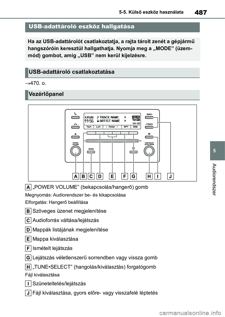 TOYOTA COROLLA 2020  Kezelési útmutató (in Hungarian) 487
5
5-5. Külső eszköz használata
Audiorendszer
→
470. o.
„POWER VOLUME” (bekapcsolás/hangerő) gomb
Megnyomás: Audiorendszer be- és kikapcsolása
Elforgatás: Hangerő beállítása
Sz