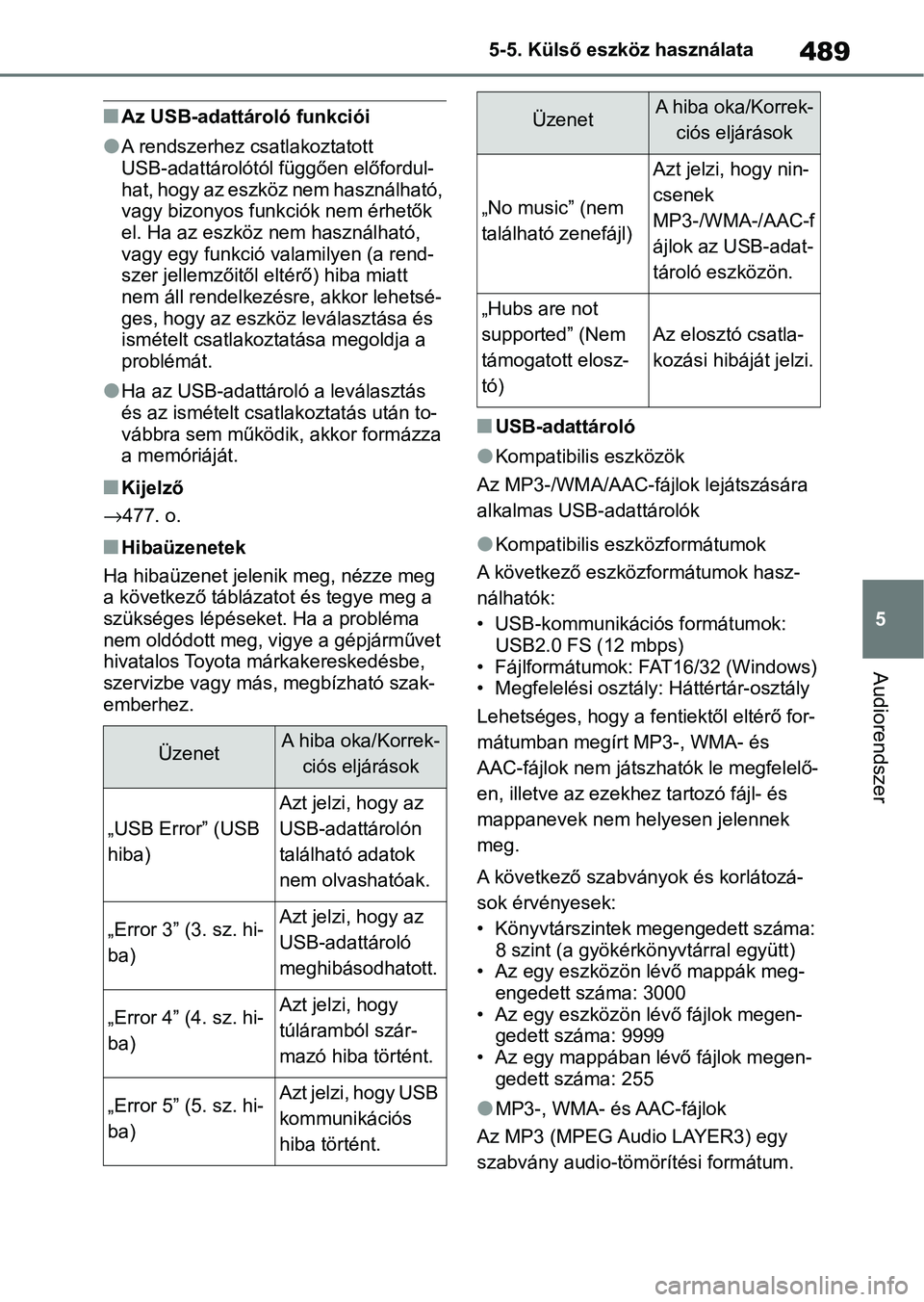 TOYOTA COROLLA 2020  Kezelési útmutató (in Hungarian) 489
5
5-5. Külső eszköz használata
Audiorendszer
nAz USB-adattároló funkciói
lA rendszerhez csatlakoztatott 
USB-adattárolótól függően előfordul-
hat, hogy az eszköz nem használható, 
