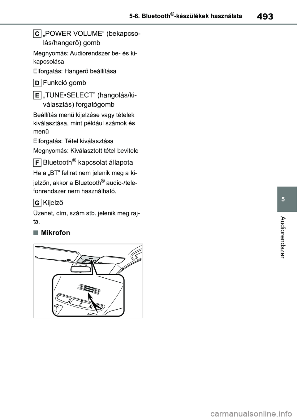 TOYOTA COROLLA 2020  Kezelési útmutató (in Hungarian) 493
5
5-6. Bluetooth
®-készülékek használata
Audiorendszer
„POWER VOLUME” (bekapcso-
lás/hangerő) gomb
Megnyomás: Audiorendszer be- és ki-
kapcsolása
Elforgatás: Hangerő beállítása
