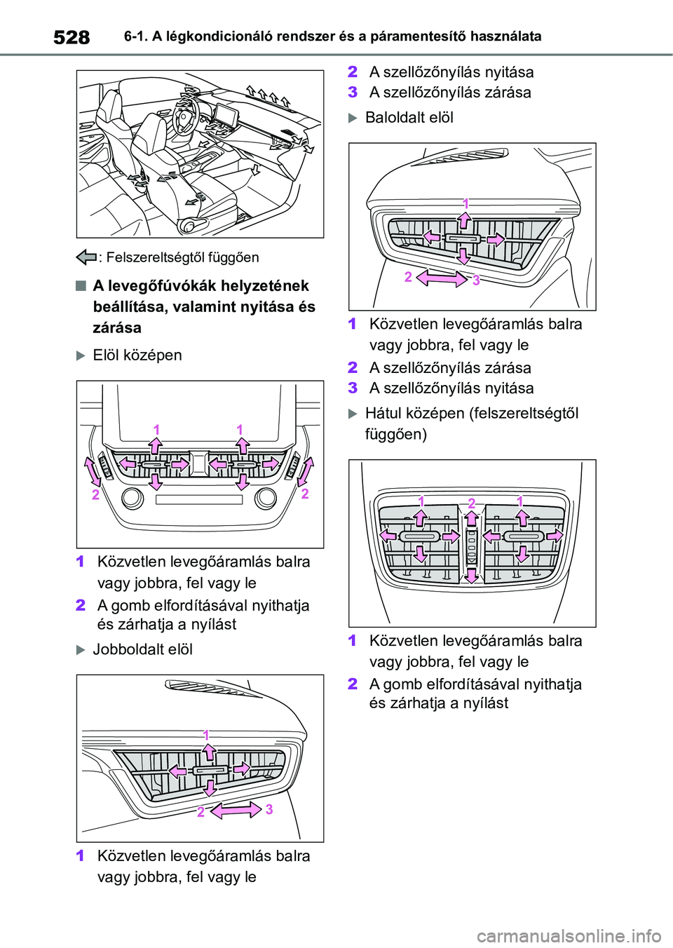 TOYOTA COROLLA 2020  Kezelési útmutató (in Hungarian) 5286-1. A légkondicionáló rendszer és a páramentesítő használata
: Felszereltségtől függően
nA levegőfúvókák helyzetének 
beállítása, valamint nyitása és 
zárása
Elöl köz